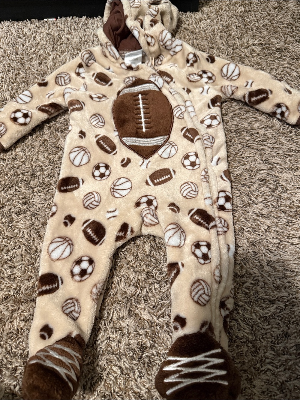 Cozy Beige Sports-Print Footed One-Piece for Kids